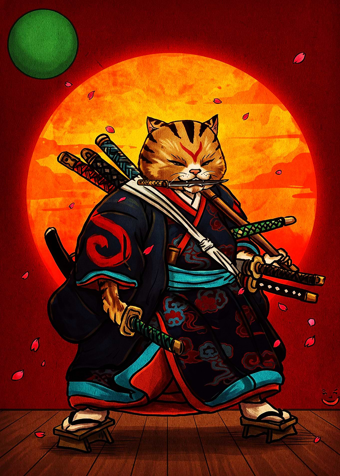 Samurai Cat Warrior with Katanas