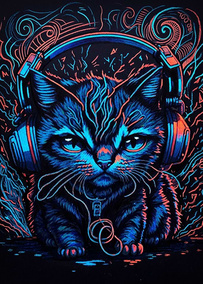 Neon Cyberpunk Cat with Headphones