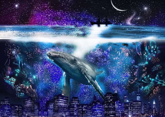 Surreal Cosmic Whale Over Cityscape