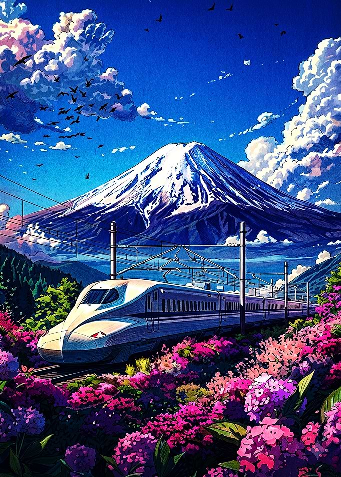 Shinkansen Train Near Mount Fuji