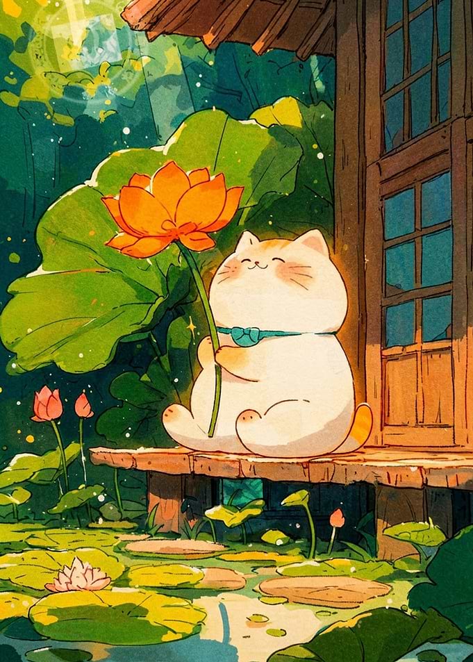 Cute Cat Holding Lotus Flower