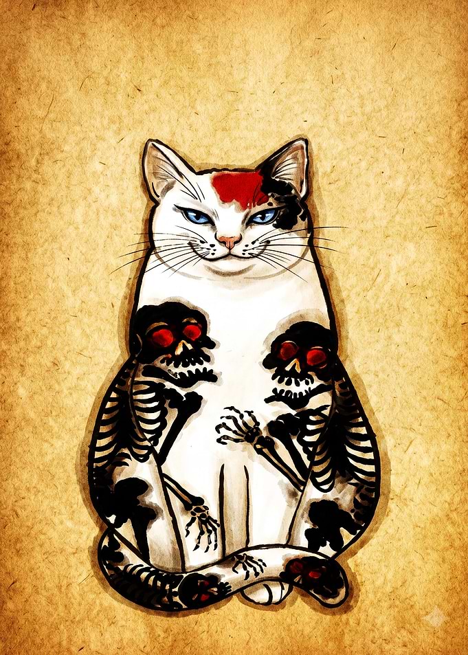 Cat with Skeleton Tattoos Illustration