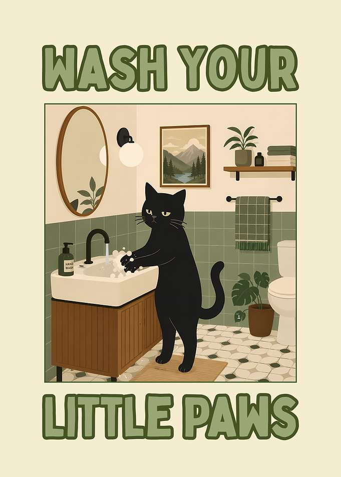 Black Cat Washing Paws Bathroom Poster