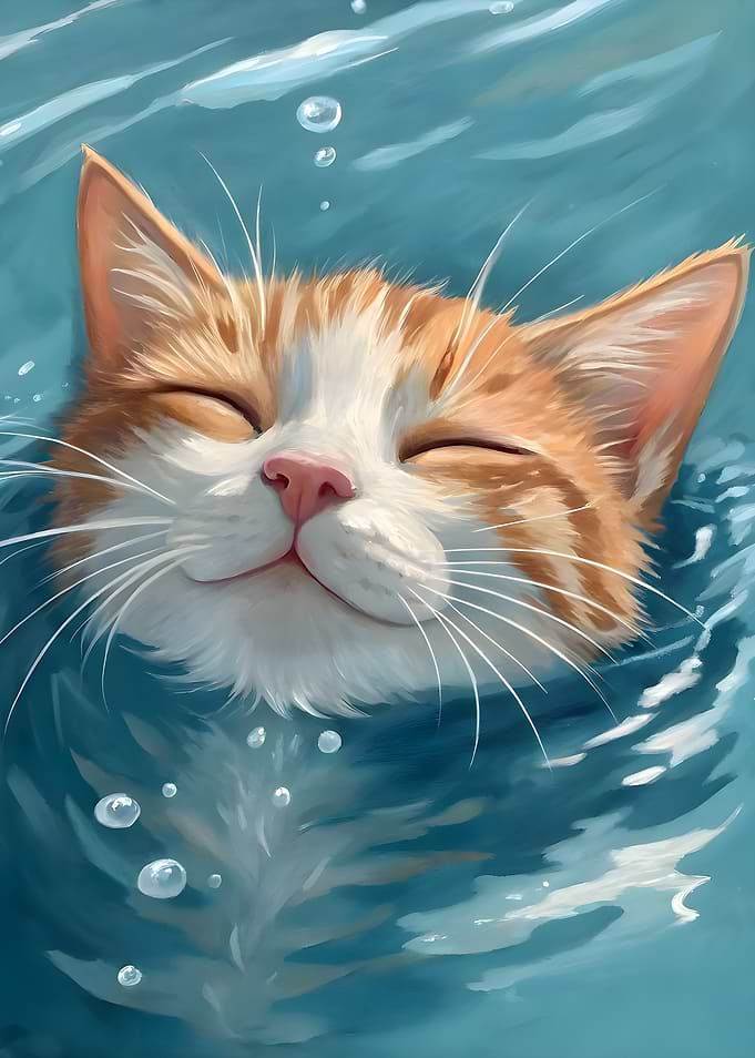 Happy Ginger Kitten Swimming