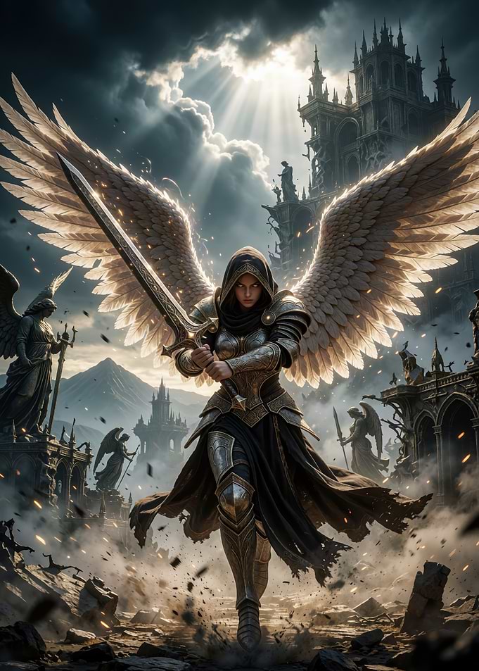 Winged Warrior Angel in Ruined City