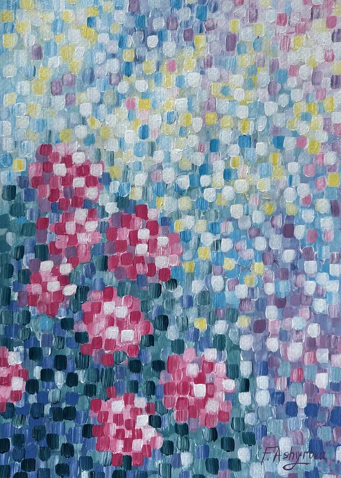 Pointillist Floral Painting with Pink Blooms