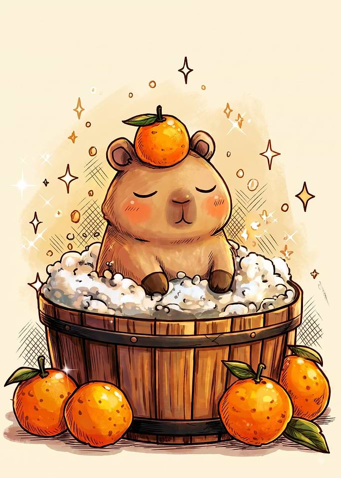 Cute Capybara Relaxing in Yuzu Bath