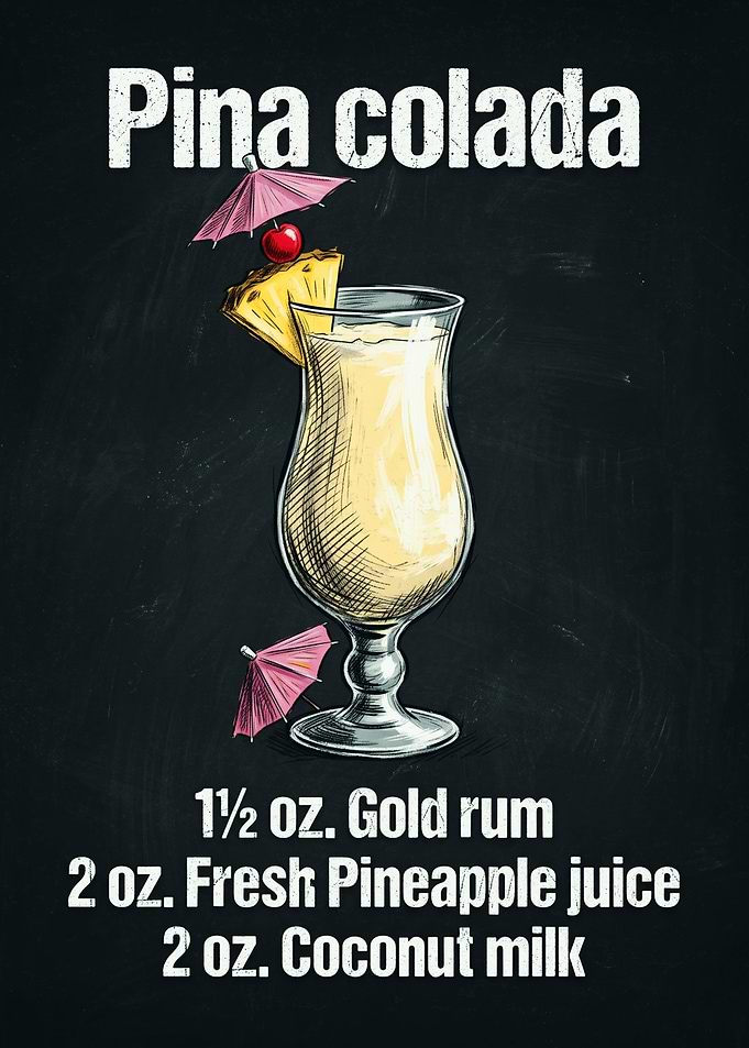 Pina Colada Cocktail Recipe Chalkboard Art
