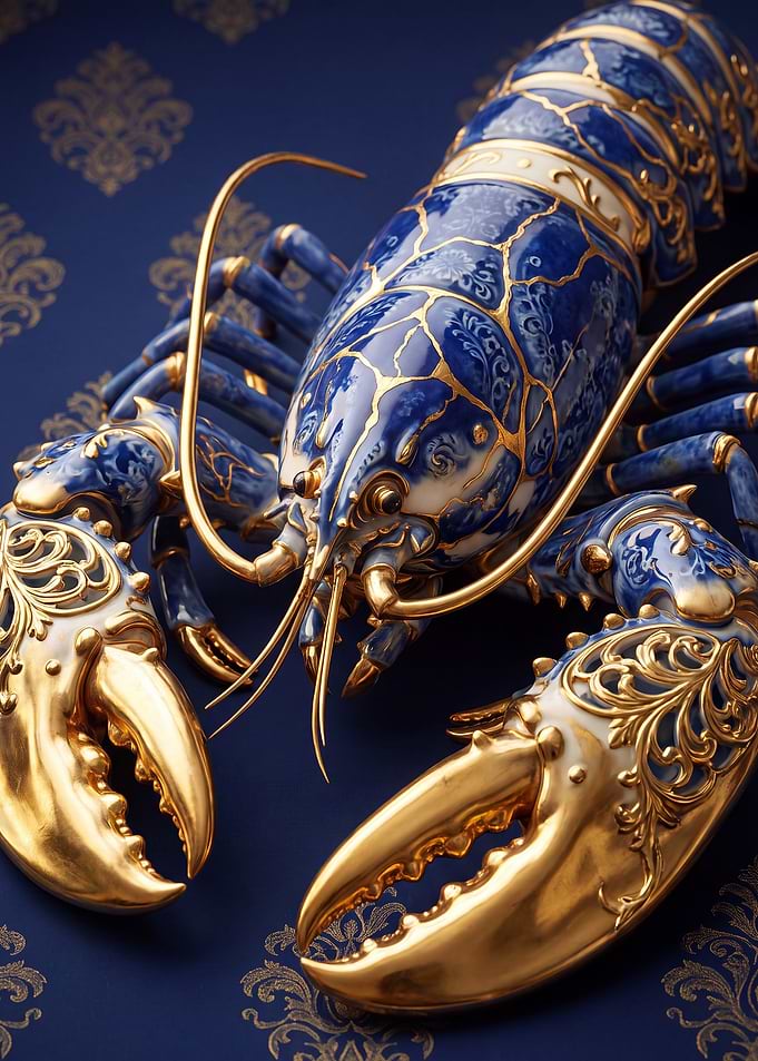 Ornate Blue and Gold Porcelain Lobster