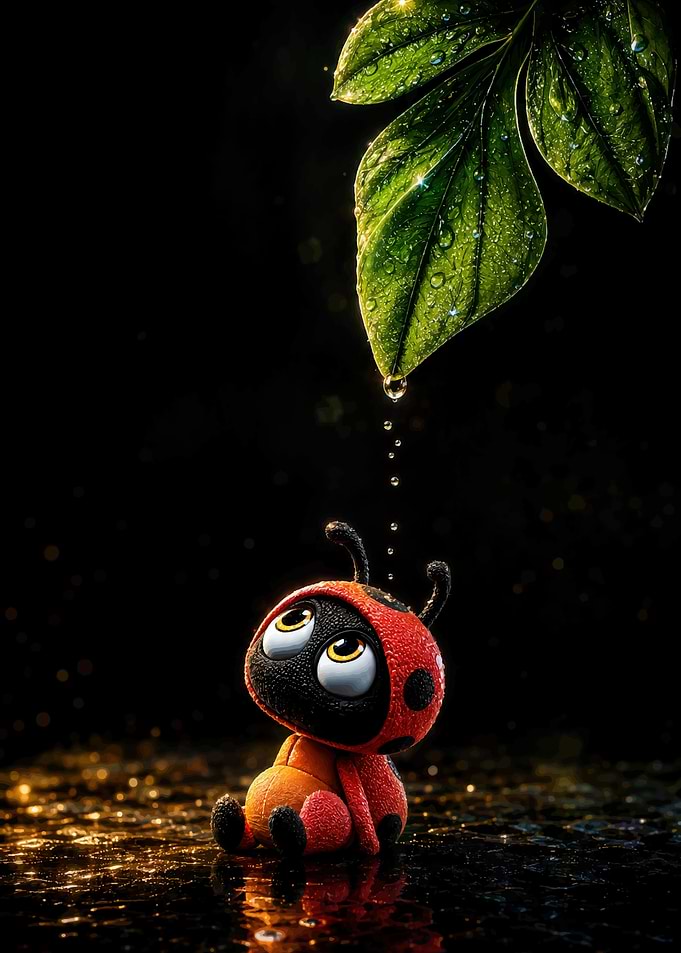 Cute Ladybug Under Raindrop