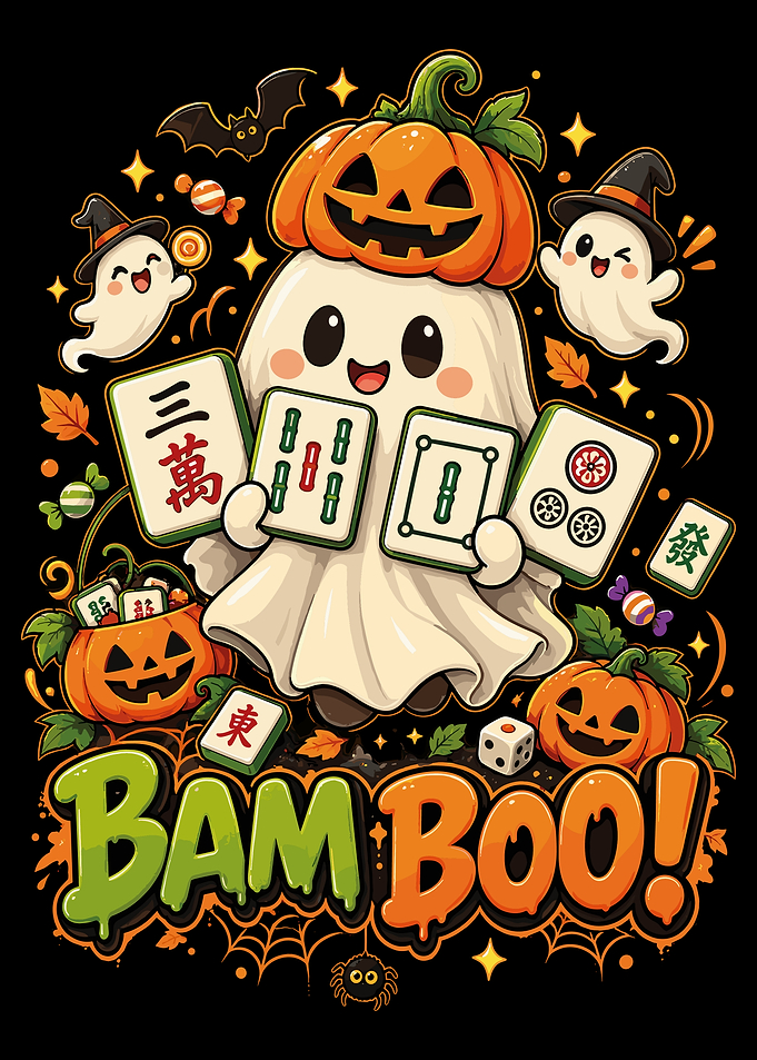 Cute Ghost Playing Mahjong Halloween Illustration