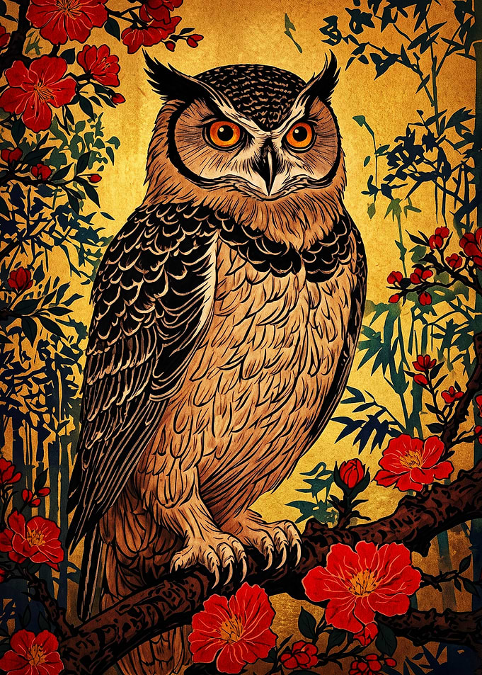 Great Horned Owl in Japanese Style