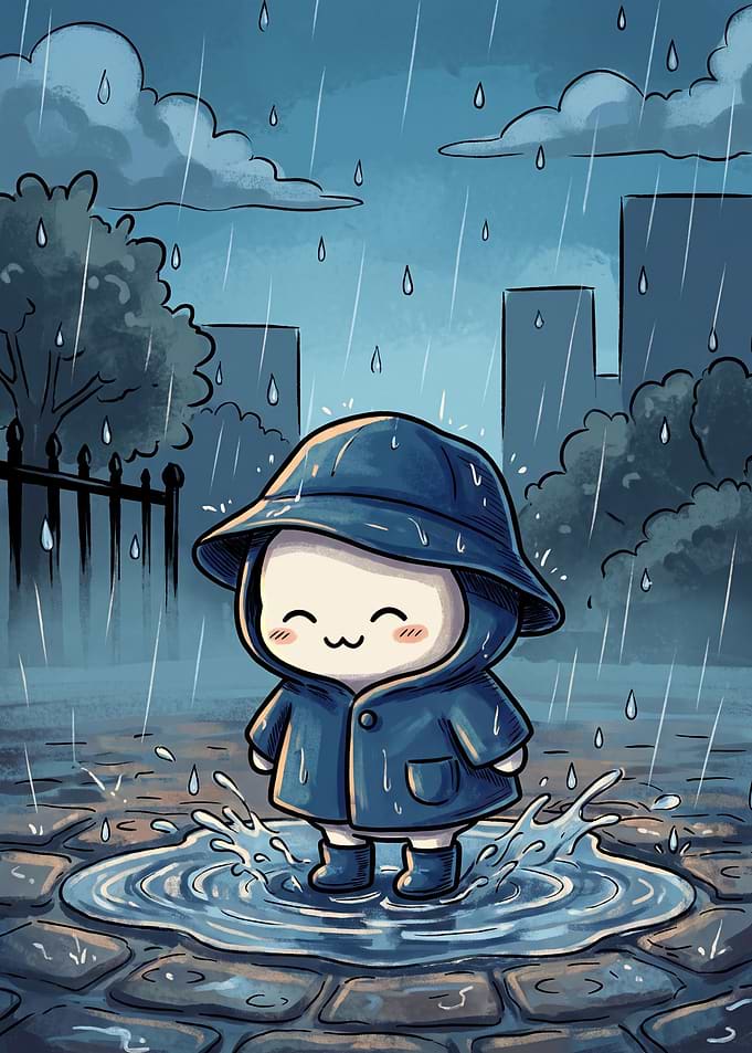 Cute Character Splashing in Rain