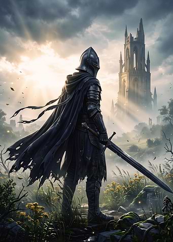 Dark Knight Before the Ancient Tower