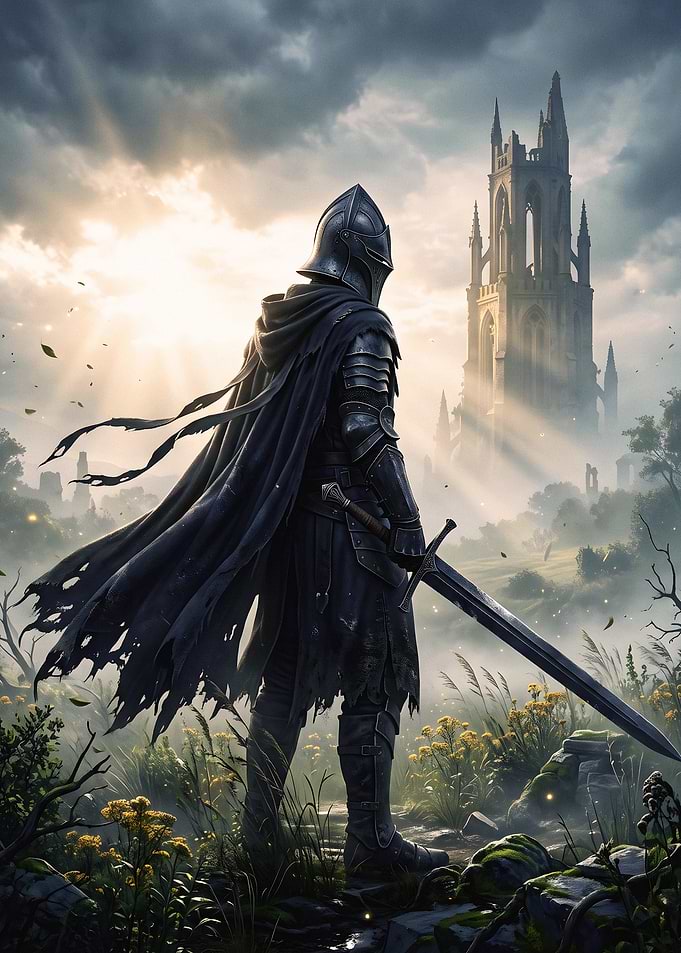 Dark Knight Before the Ancient Tower