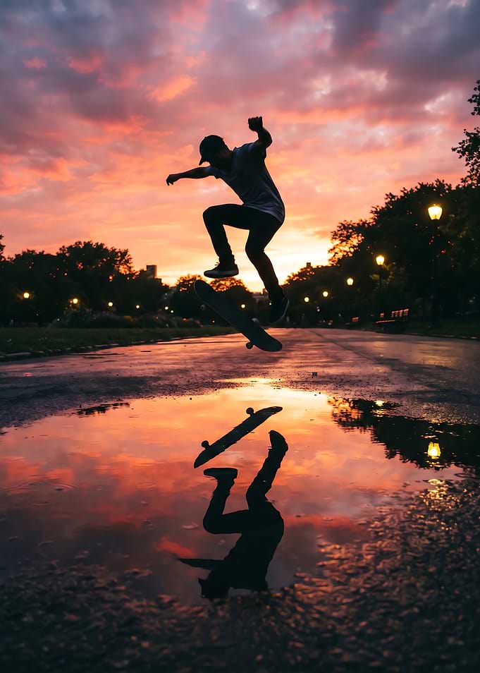 Skateboarder jumping at sunset