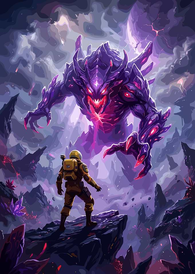 Astronaut Facing a Cosmic Monster