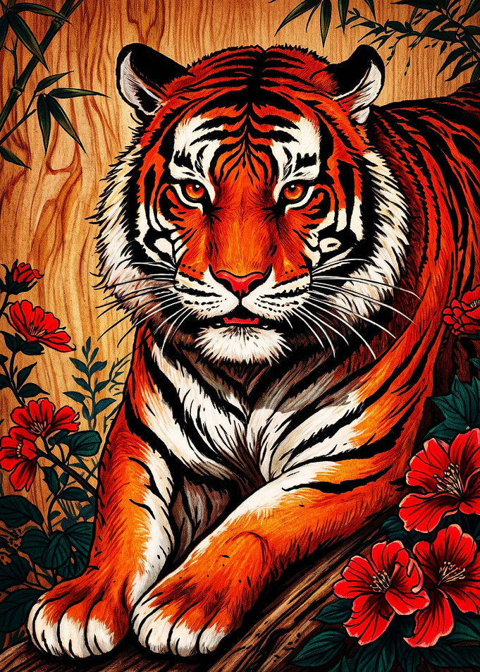 Majestic Tiger Amidst Red Flowers