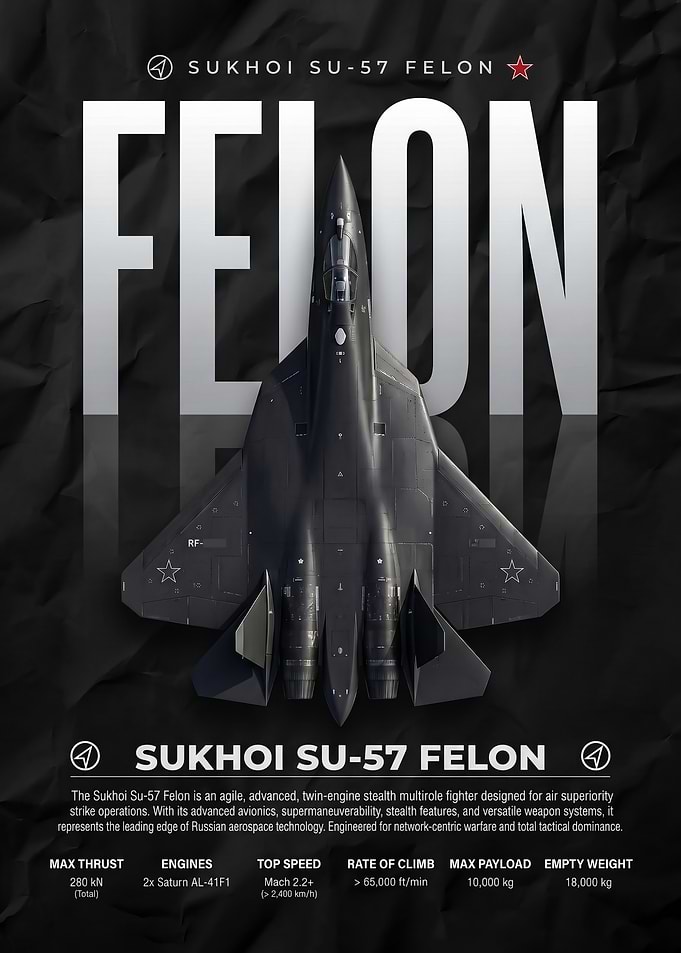 black Sukhoi Su-57 Felon Fighter Jet Poster