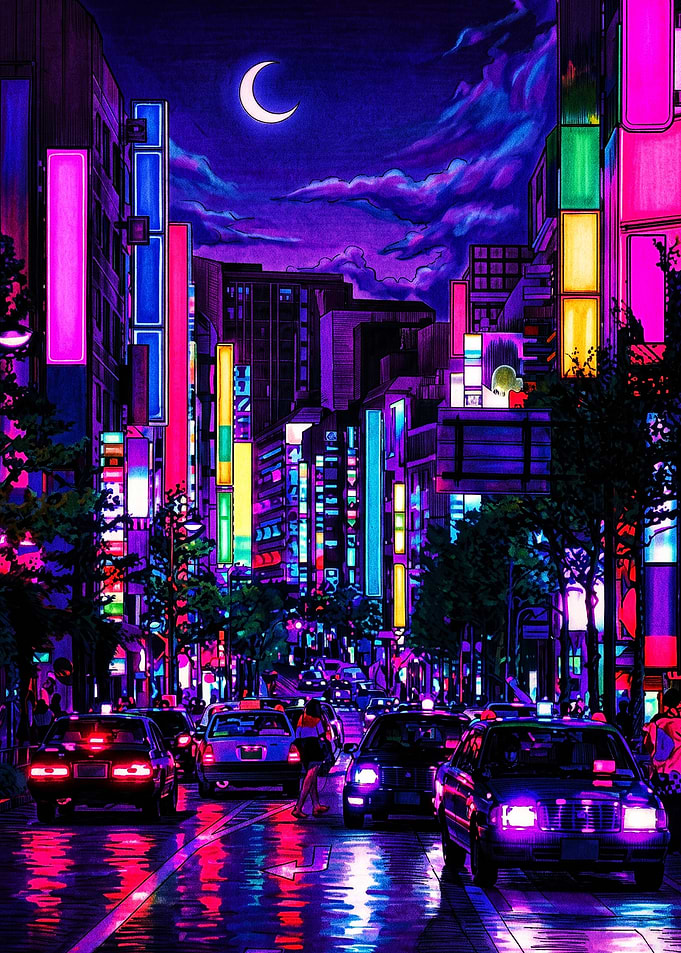 Neon Lit City Street at Night