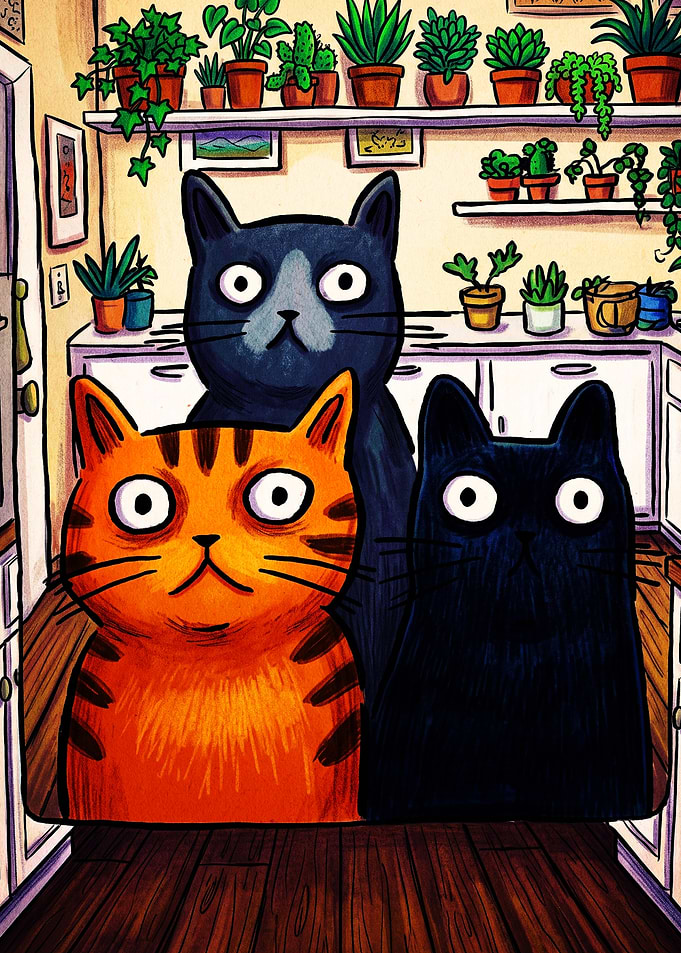 Three Cats Staring in Kitchen