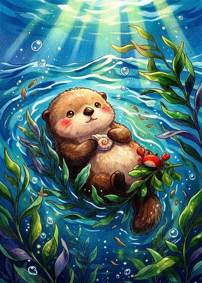 Cute Sea Otter Floating in Kelp
