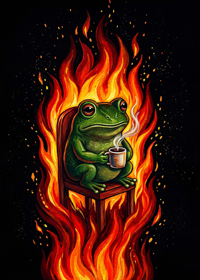 Frog Sitting in Fire Drinking Coffee