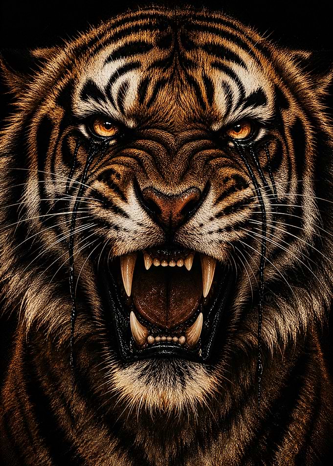 Fierce Tiger Portrait with Black Tears