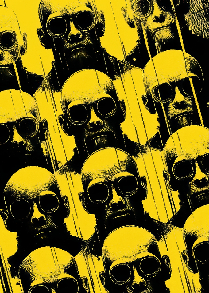 Crowd of Bald Men in Goggles
