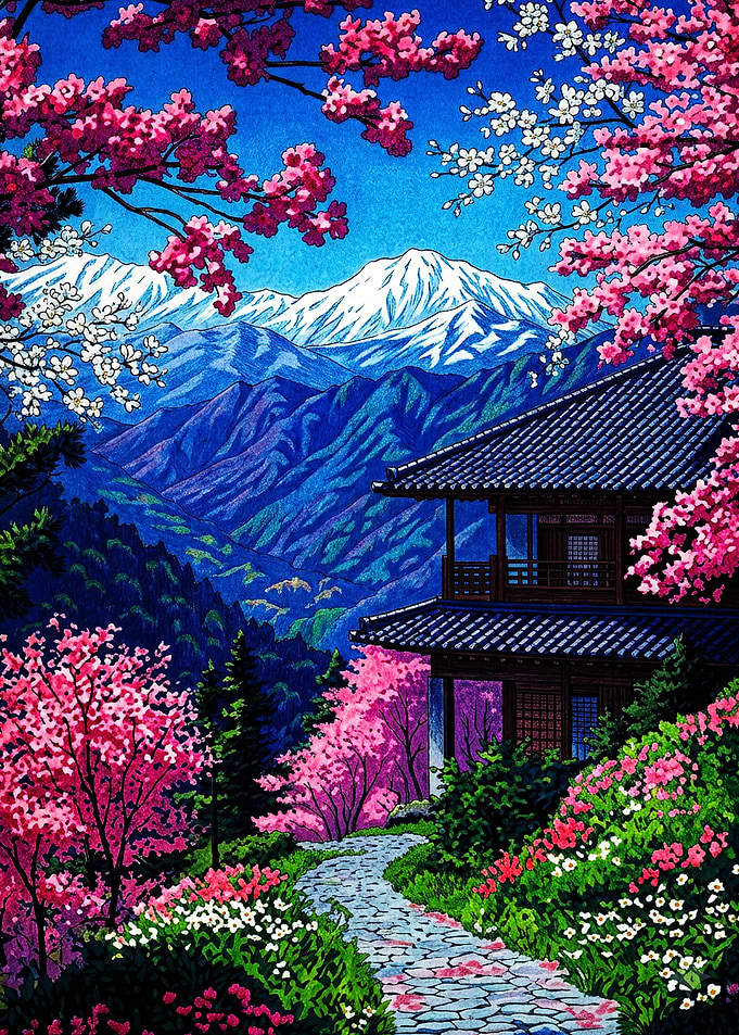 Japanese Mountain Temple in Spring