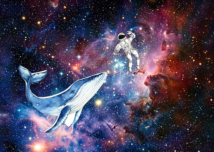 Astronaut Floating with Cosmic Whale