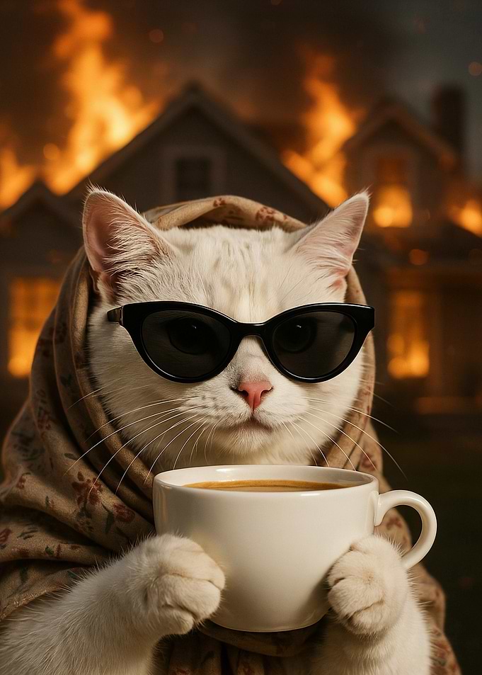 Cool Cat Drinking Coffee During Fire