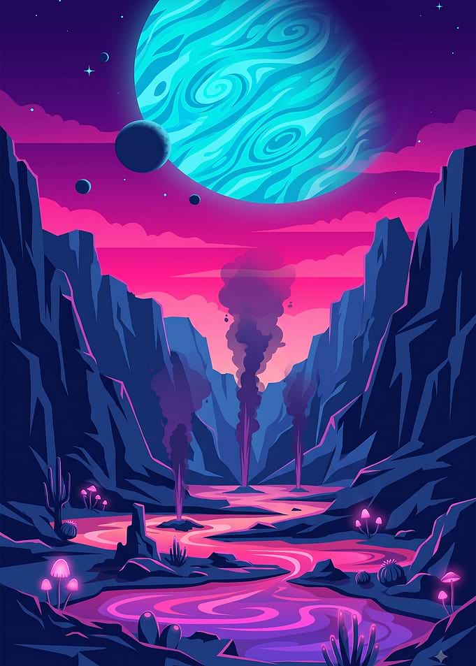 Neon Alien Landscape with Giant Planet