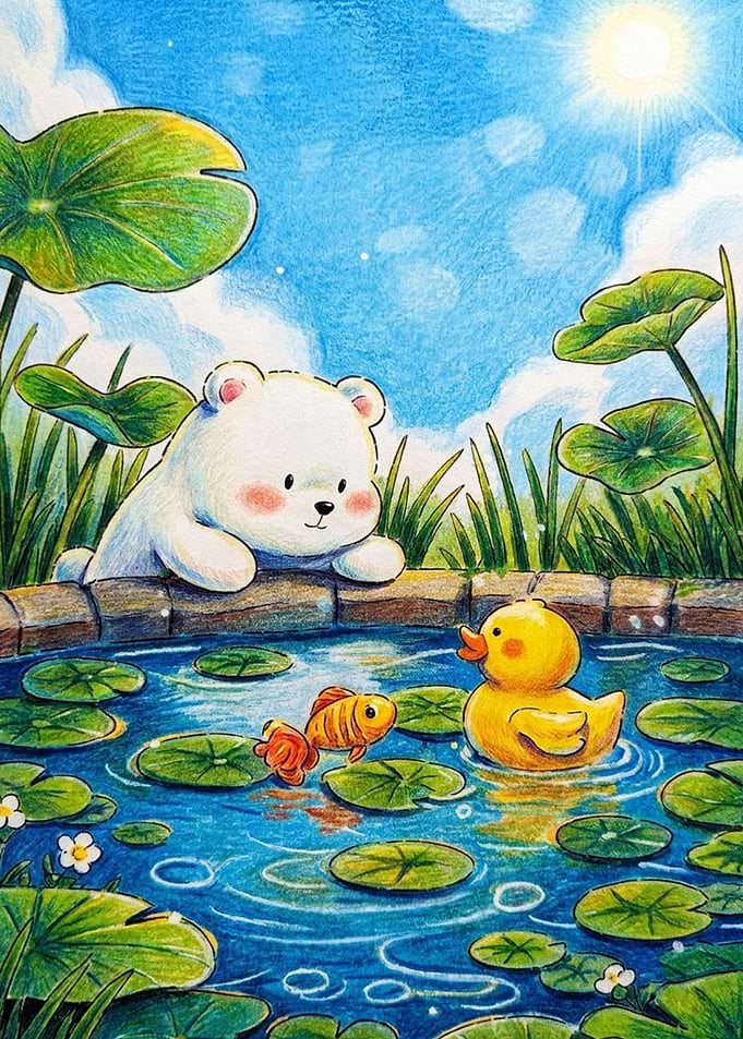 Cute Bear Watching Pond Friends