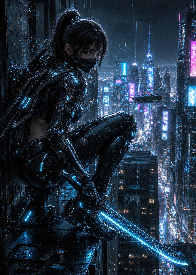Cyberpunk Ninja Assassin on Rooftop