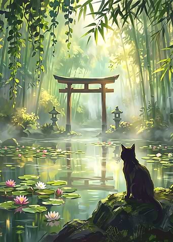 Black Cat at Japanese Torii Gate