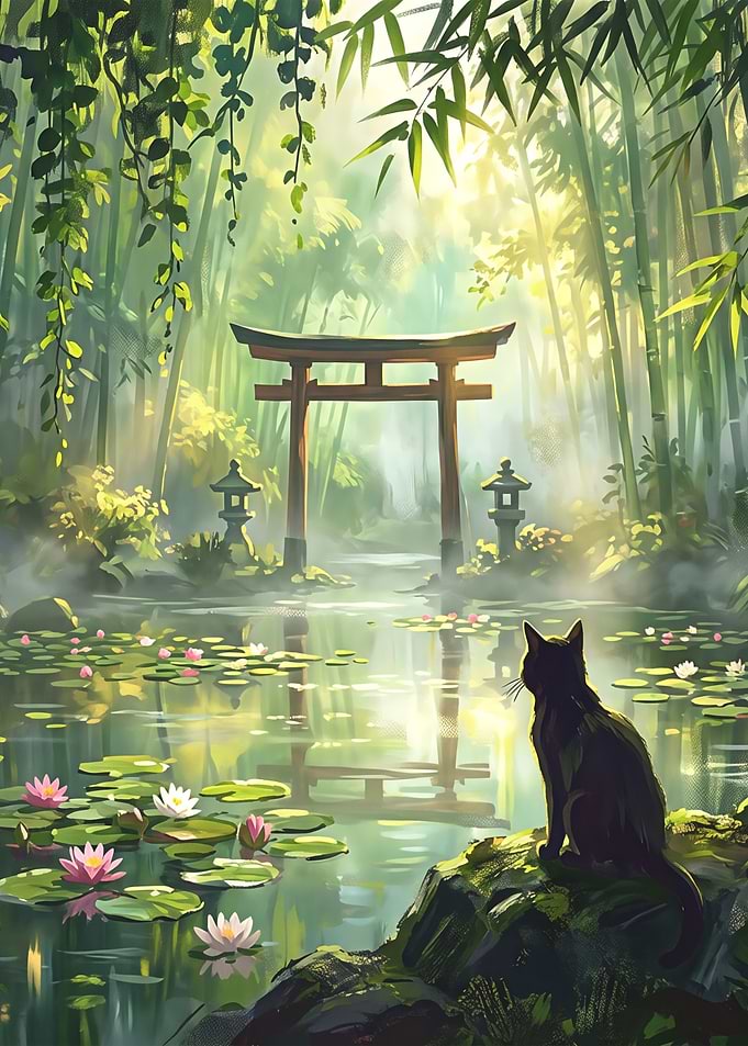 Black Cat at Japanese Torii Gate
