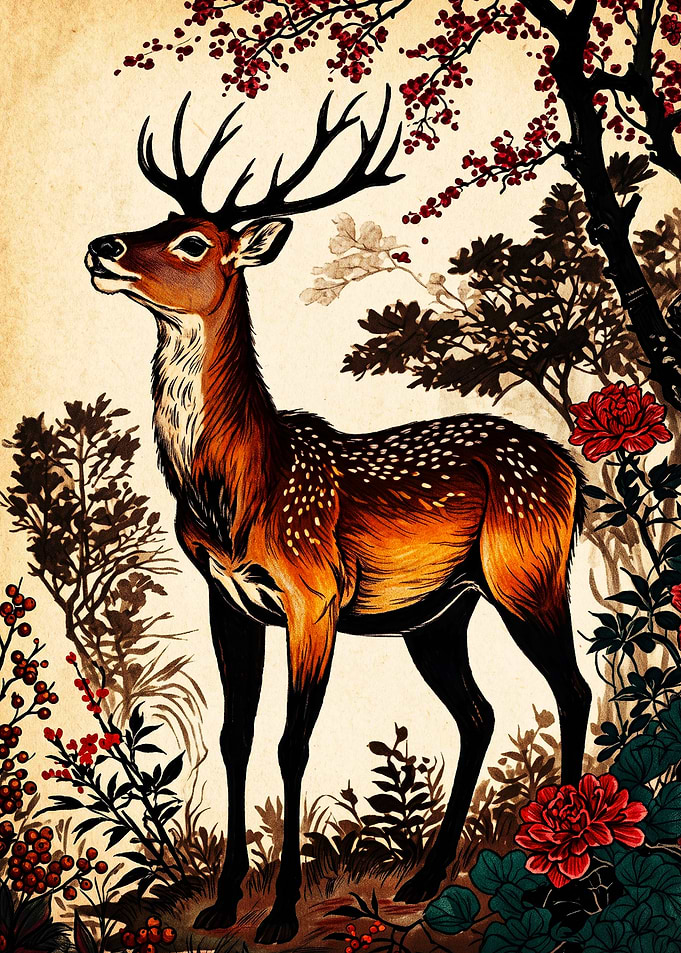 Majestic Deer in Floral Garden
