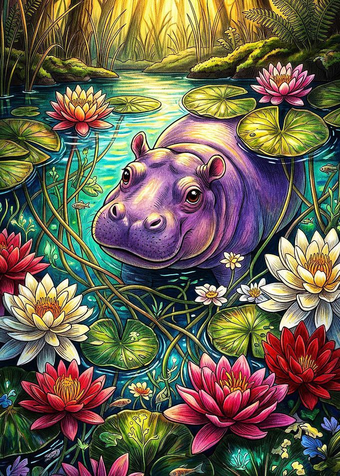 Purple Hippo in Lotus Pond