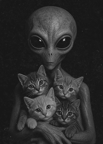 Alien Holding Four Cute Kittens