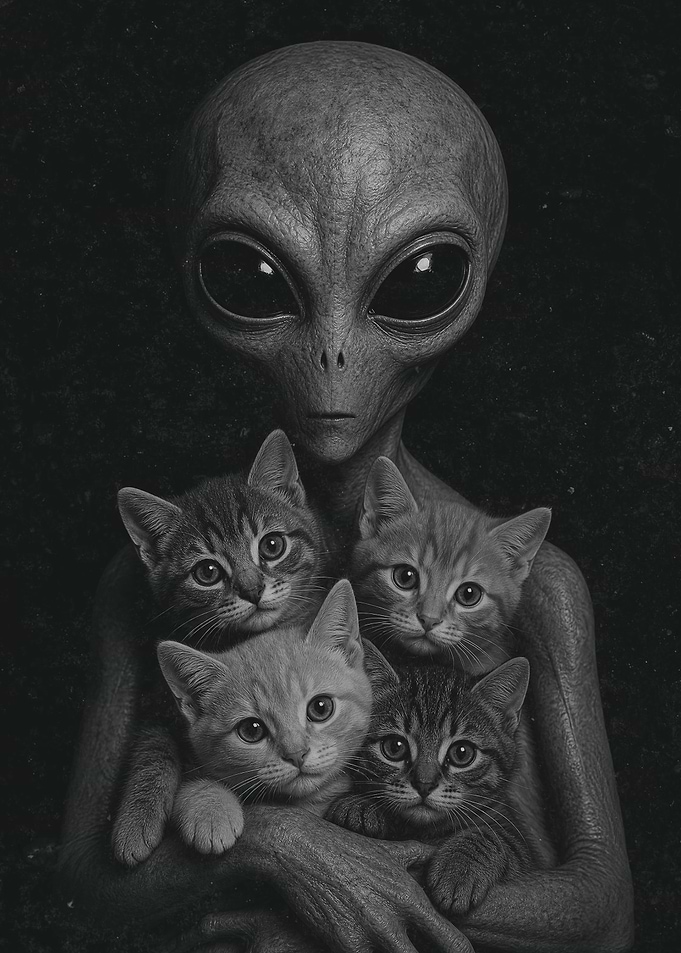 Alien Holding Four Cute Kittens