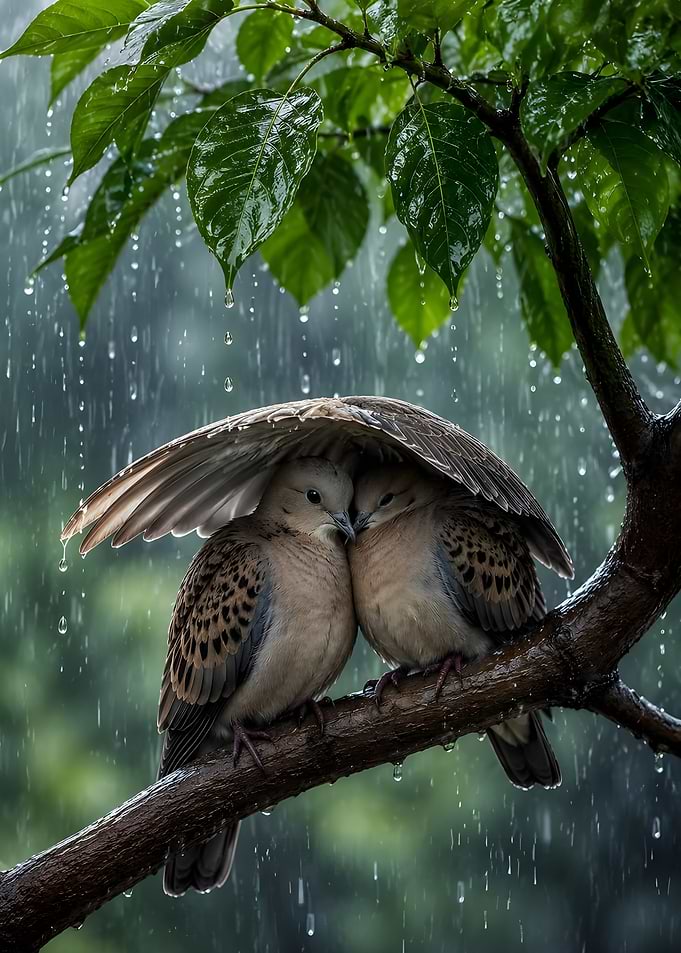 Two Doves Sheltering in the Rain