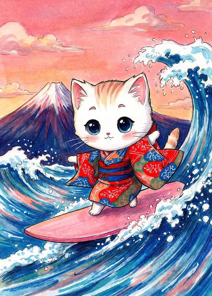 Cute Cat Surfing Near Mount Fuji