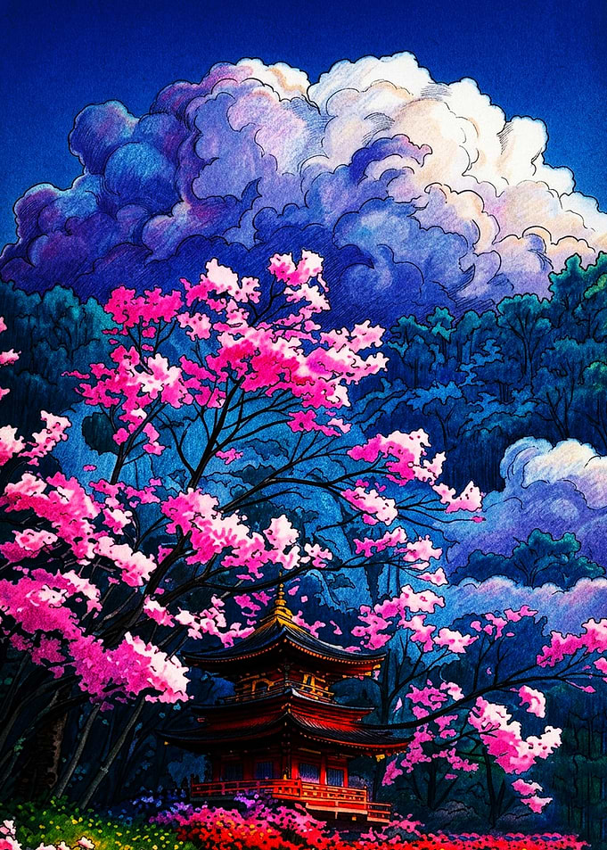 Pagoda Amidst Vibrant Cherry Blossoms