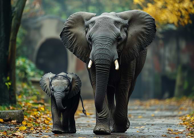Mother Elephant and Calf Walking