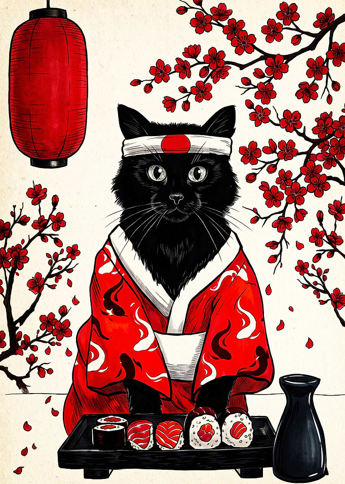 Black Cat in Kimono with Sushi