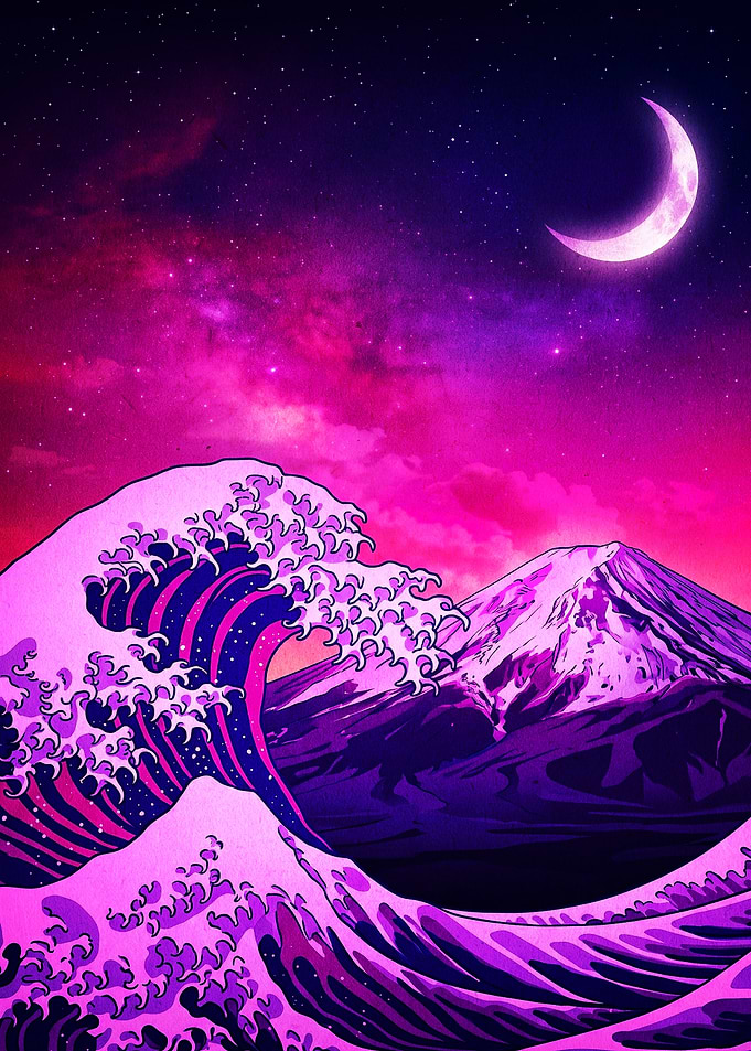 Neon Great Wave and Mount Fuji