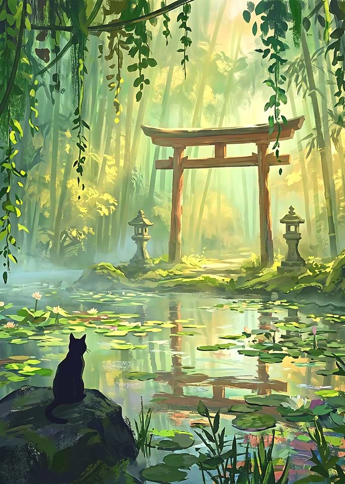 Black Cat at Japanese Garden Pond