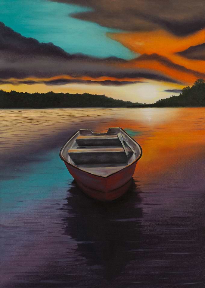 Empty Rowboat at Sunset