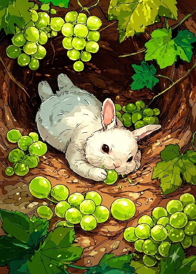 Cute White Rabbit Eating Green Grapes